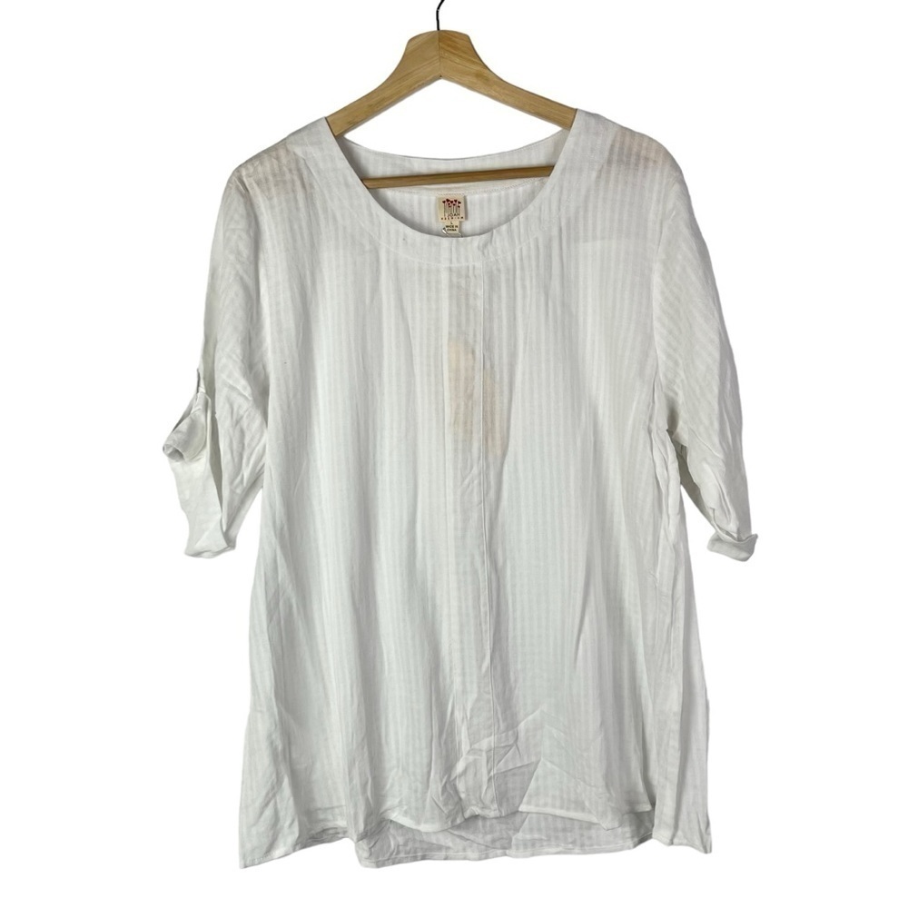 Joah Brown Premium White Cotton Short Sleeve Tunic Blouse L